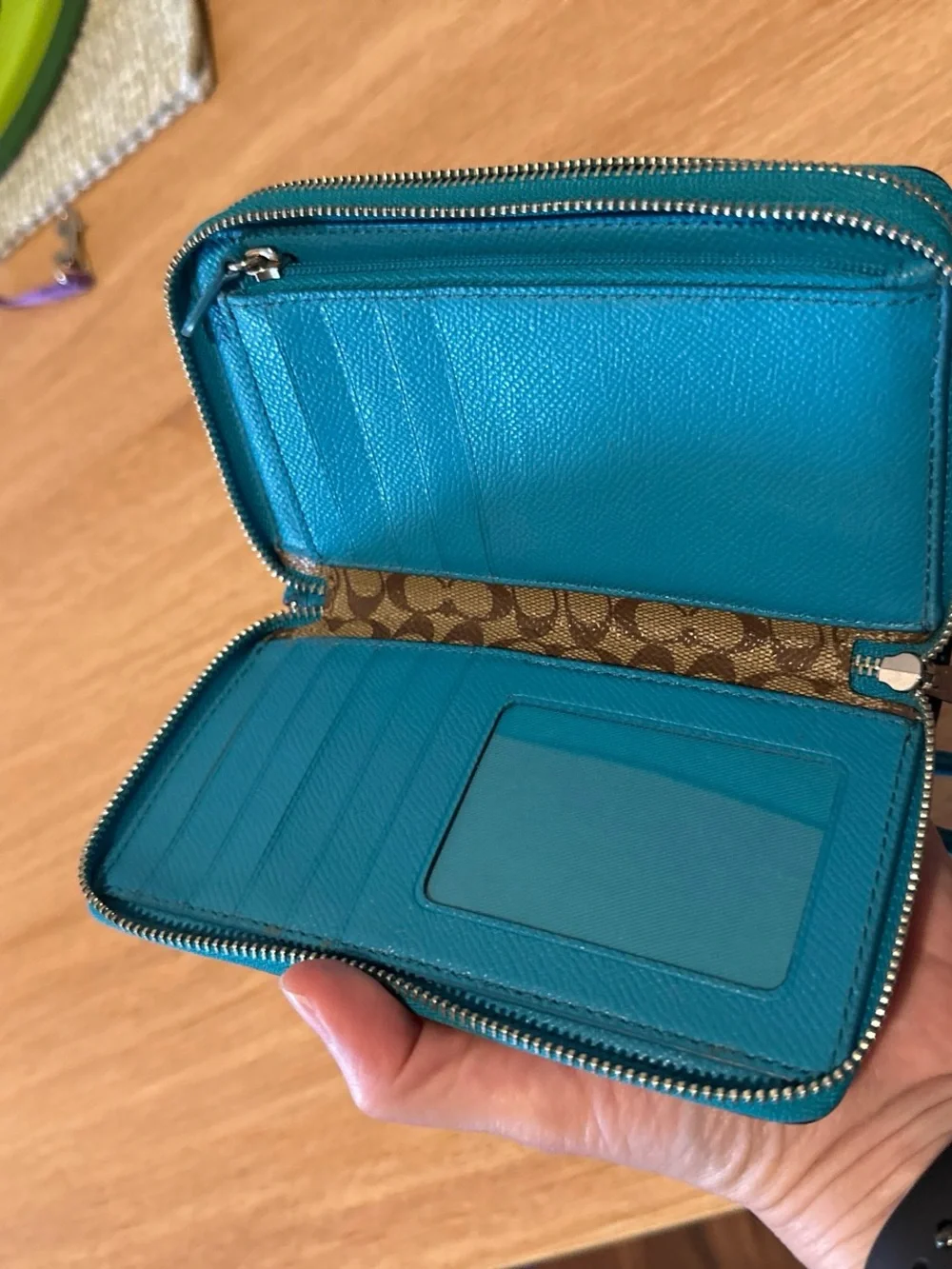 Coach Teal Leather Zip Wristlet with Detachable Strap